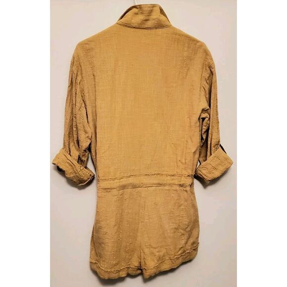 Blue Blush Linen Gauze Camel Women's Romper Button Up Lightweight BoHo Size L - Picture 5 of 8